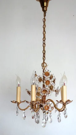 Hot Pamono Brass and Lead Crystal 5-Flame Chandelier from Palwa, 1960s