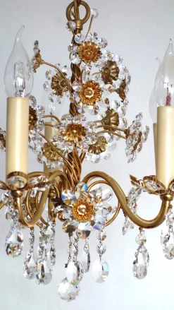 Hot Pamono Brass and Lead Crystal 5-Flame Chandelier from Palwa, 1960s