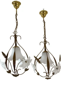 New Pamono Brass and Opaline Pendant Lights, 1960s, Set of 2