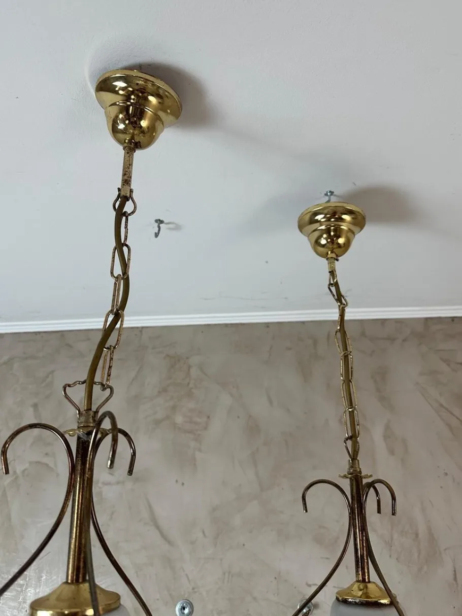 New Pamono Brass and Opaline Pendant Lights, 1960s, Set of 2