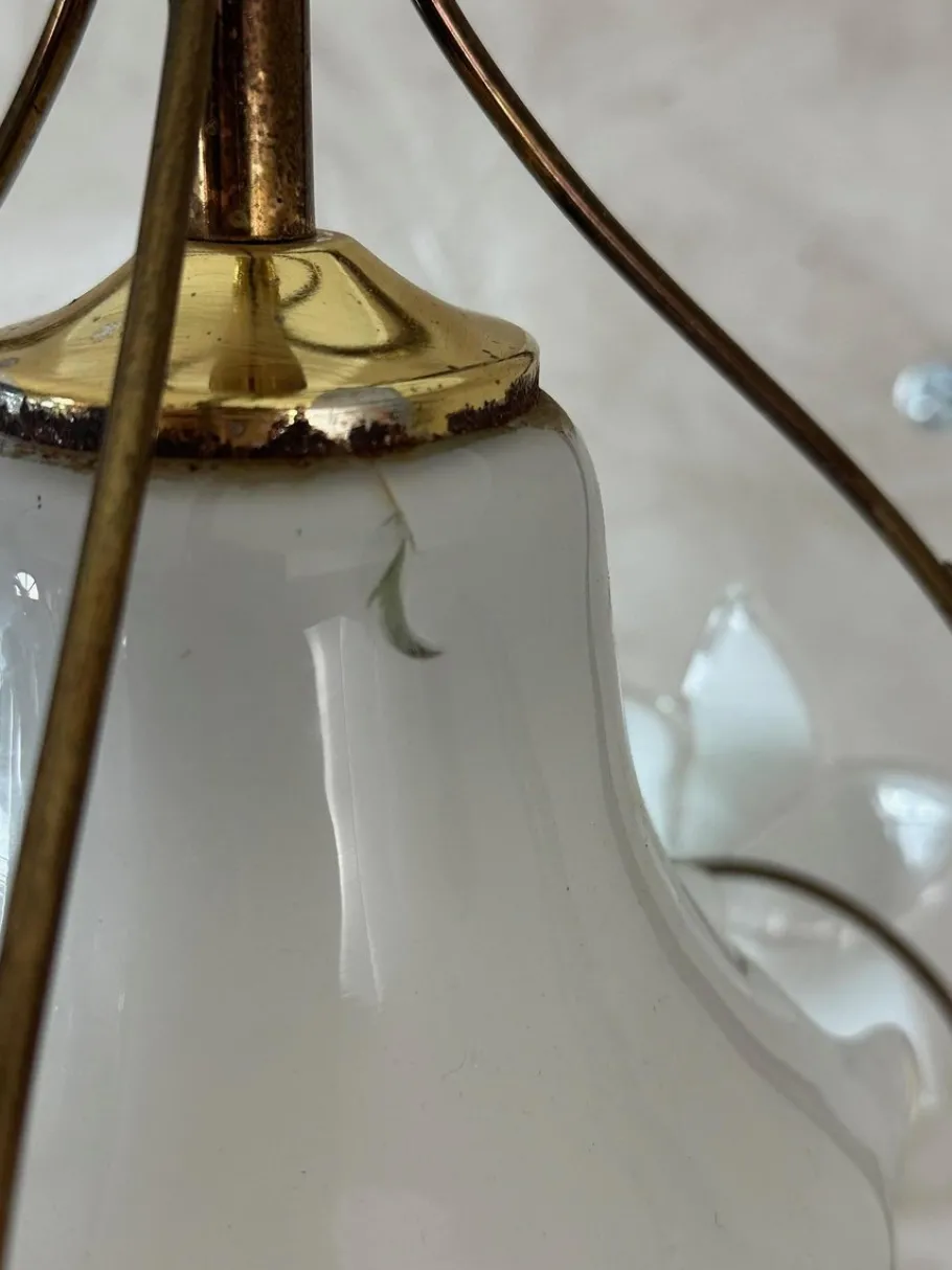 New Pamono Brass and Opaline Pendant Lights, 1960s, Set of 2