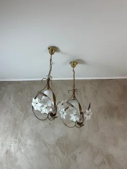 New Pamono Brass and Opaline Pendant Lights, 1960s, Set of 2