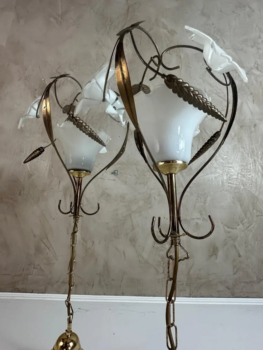 New Pamono Brass and Opaline Pendant Lights, 1960s, Set of 2