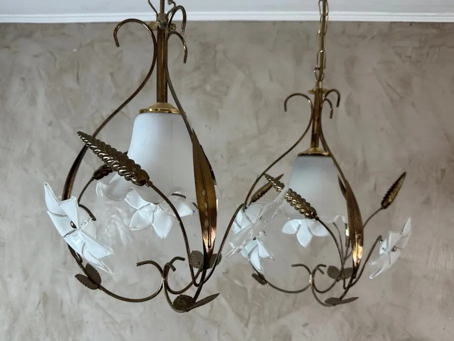 New Pamono Brass and Opaline Pendant Lights, 1960s, Set of 2