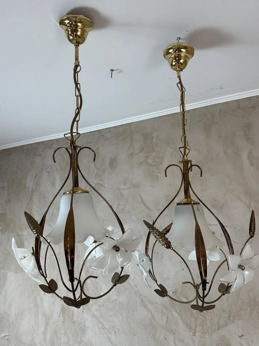 New Pamono Brass and Opaline Pendant Lights, 1960s, Set of 2