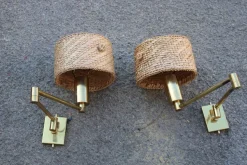 Sale Pamono Brass and Straw Bedside Lamps, Italy, 1970s, Set of 2