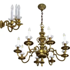 New Pamono Brass Chandelier & Wall Light, 1900