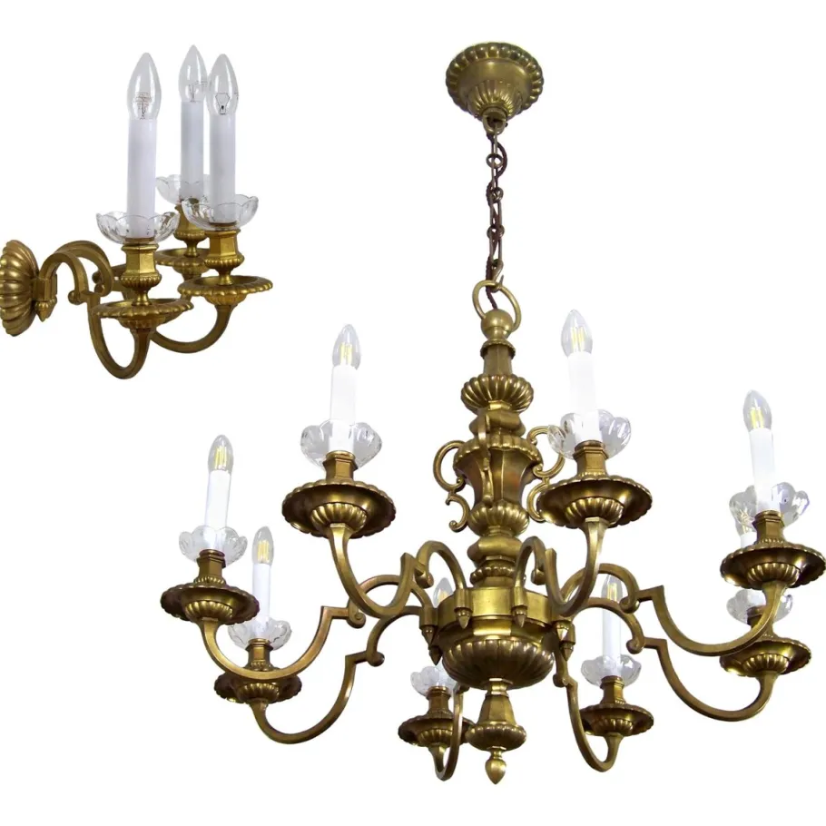 New Pamono Brass Chandelier & Wall Light, 1900
