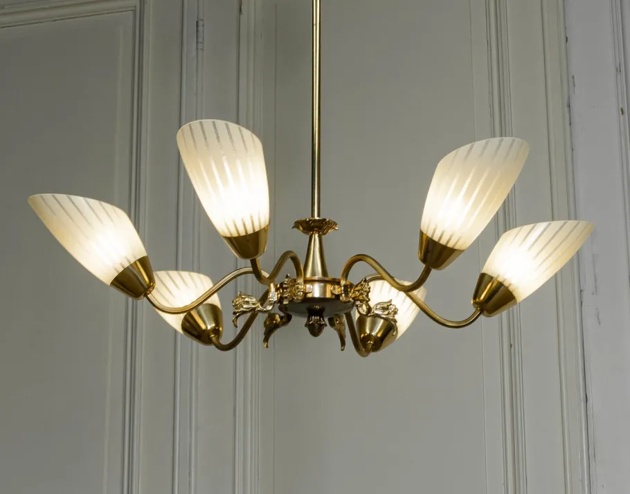 Clearance Pamono Brass Chandelier, Sweden, 1950s