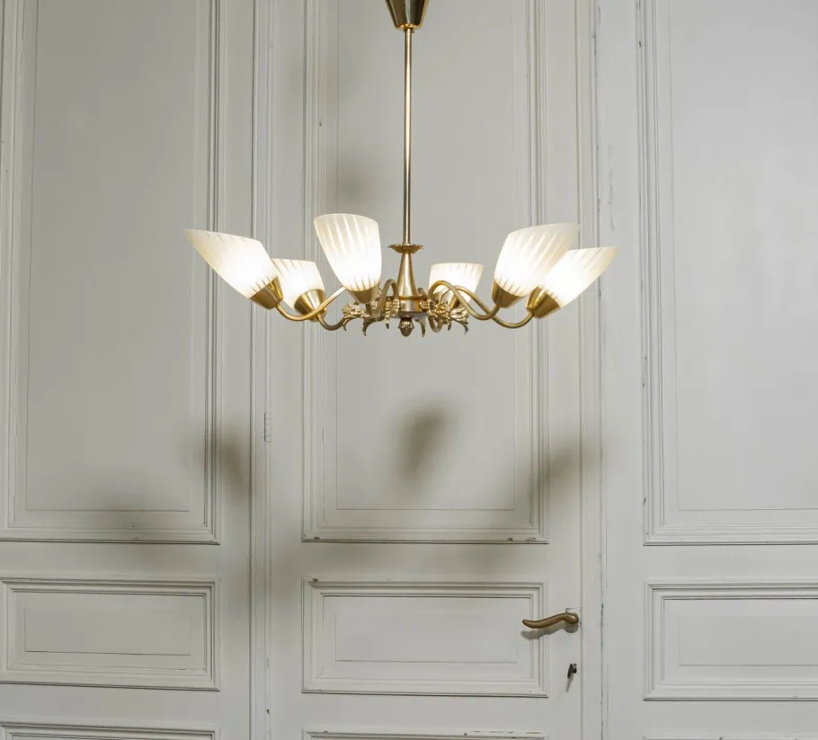 Clearance Pamono Brass Chandelier, Sweden, 1950s