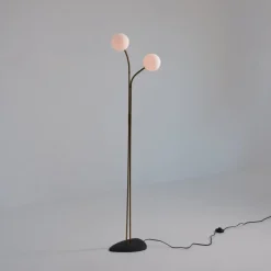 Sale Pamono Brass Floor Lamp with Adjustable Arms and Opaline Glass Globes, 1950s