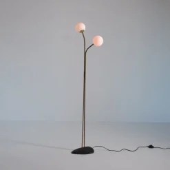 Sale Pamono Brass Floor Lamp with Adjustable Arms and Opaline Glass Globes, 1950s