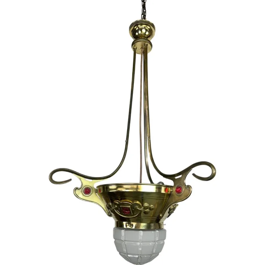 New Pamono Brass Jugendstil Pendant with Red Crystals, 1890s