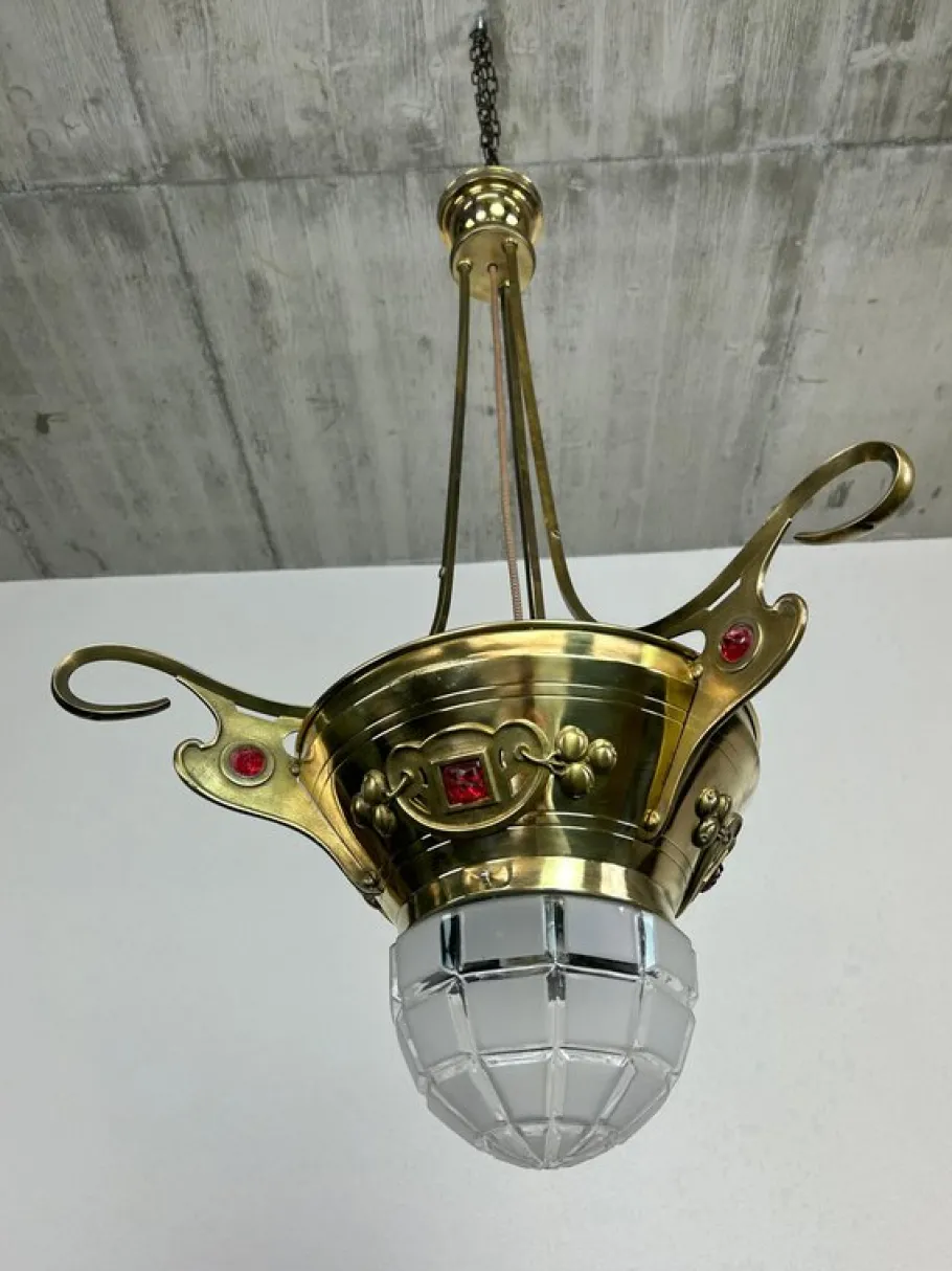 New Pamono Brass Jugendstil Pendant with Red Crystals, 1890s