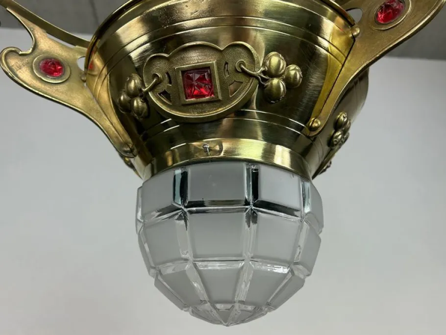 New Pamono Brass Jugendstil Pendant with Red Crystals, 1890s