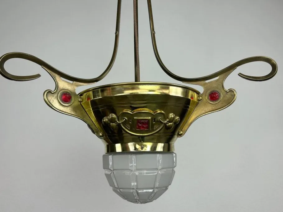 New Pamono Brass Jugendstil Pendant with Red Crystals, 1890s