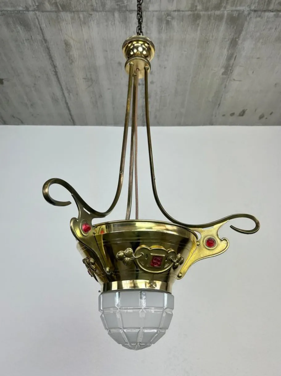 New Pamono Brass Jugendstil Pendant with Red Crystals, 1890s