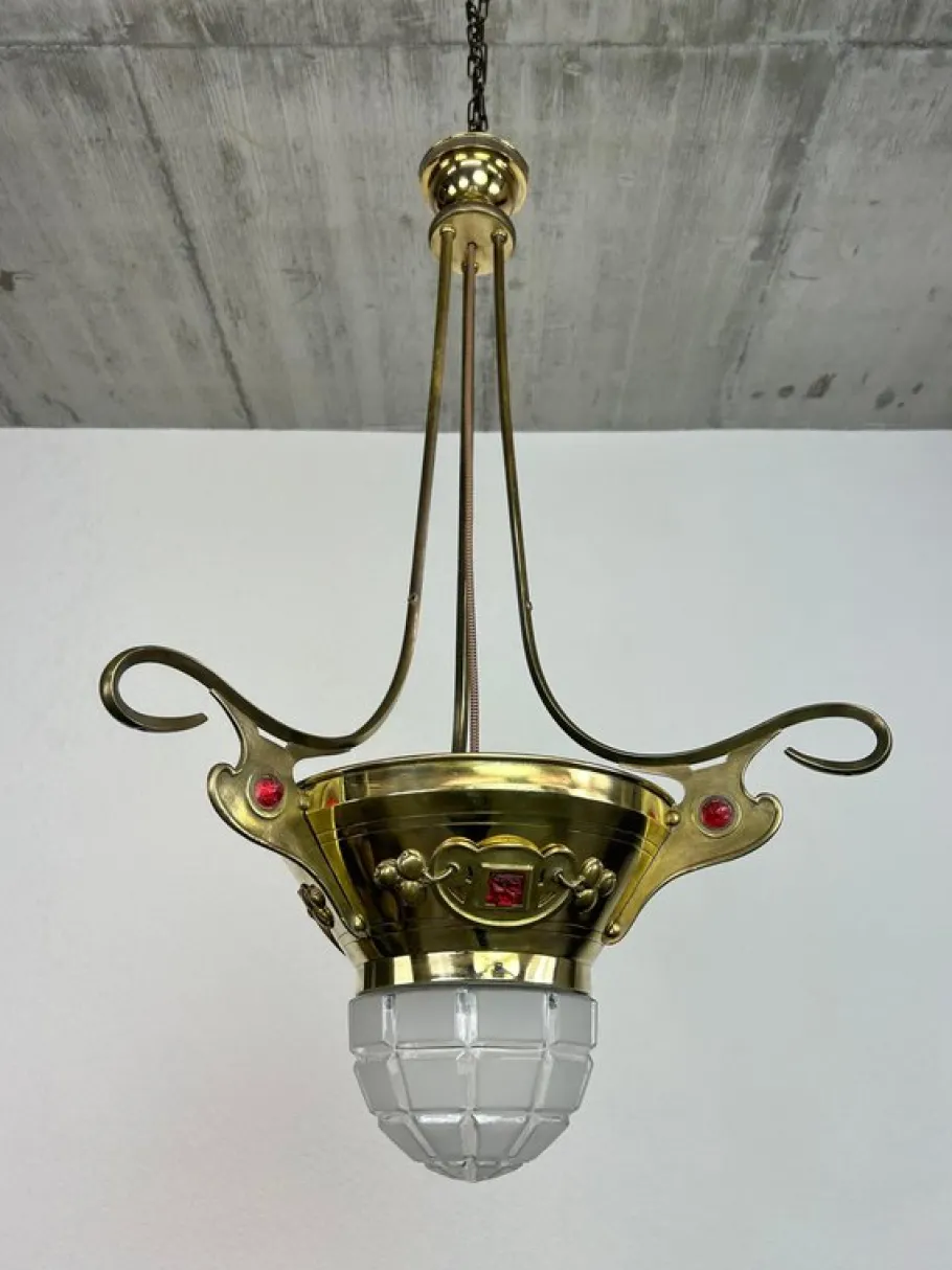 New Pamono Brass Jugendstil Pendant with Red Crystals, 1890s