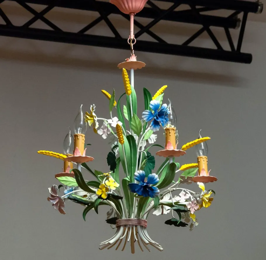 Clearance Pamono Bright Boho Chic Italian Tole Painted Metal Chandelier with Floral Decor, 1960s