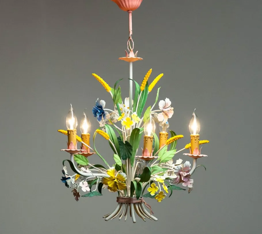 Clearance Pamono Bright Boho Chic Italian Tole Painted Metal Chandelier with Floral Decor, 1960s