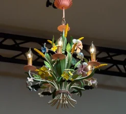 Clearance Pamono Bright Boho Chic Italian Tole Painted Metal Chandelier with Floral Decor, 1960s