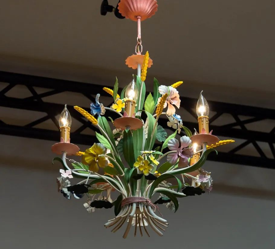 Clearance Pamono Bright Boho Chic Italian Tole Painted Metal Chandelier with Floral Decor, 1960s