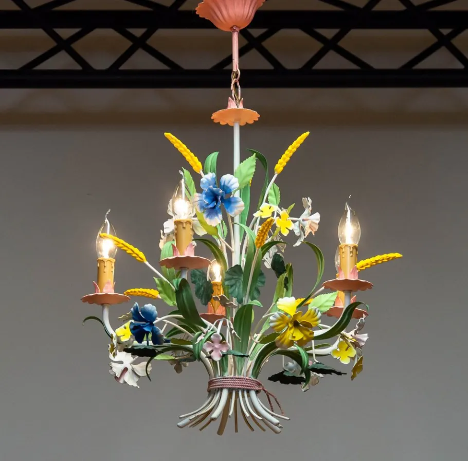 Clearance Pamono Bright Boho Chic Italian Tole Painted Metal Chandelier with Floral Decor, 1960s