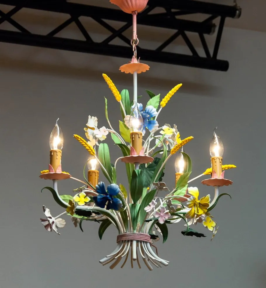 Clearance Pamono Bright Boho Chic Italian Tole Painted Metal Chandelier with Floral Decor, 1960s