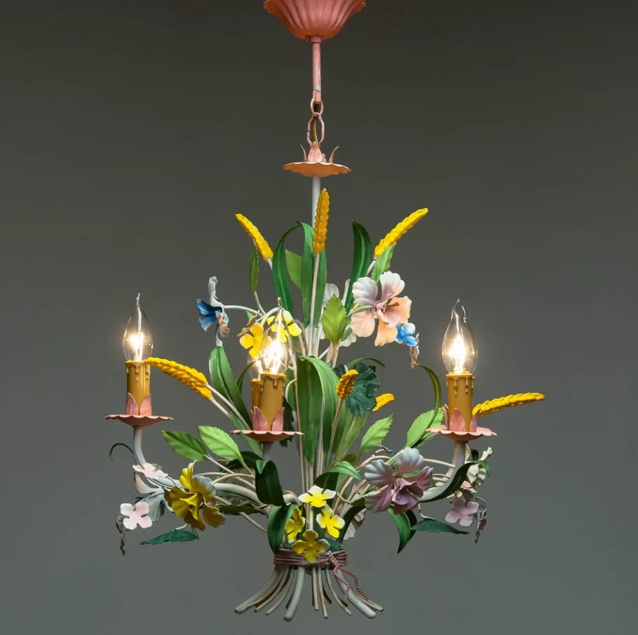 Clearance Pamono Bright Boho Chic Italian Tole Painted Metal Chandelier with Floral Decor, 1960s
