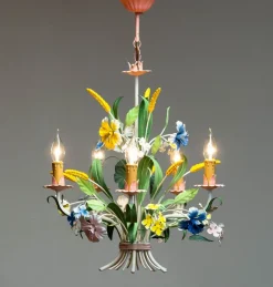 Clearance Pamono Bright Boho Chic Italian Tole Painted Metal Chandelier with Floral Decor, 1960s