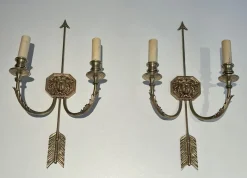 Clearance Pamono Bronze Arrow Wall Lights in the Effigy of the Sun King by Louis Gau, Set of 2