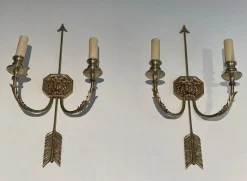 Clearance Pamono Bronze Arrow Wall Lights in the Effigy of the Sun King by Louis Gau, Set of 2