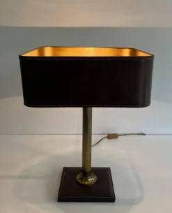 Pamono Brown Leather and Brass Desk Lamp in the style of Jacques Adnet