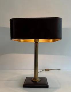 Pamono Brown Leather and Brass Desk Lamp in the style of Jacques Adnet