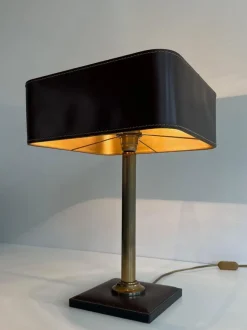 Pamono Brown Leather and Brass Desk Lamp in the style of Jacques Adnet