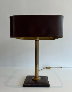 Pamono Brown Leather and Brass Desk Lamp in the style of Jacques Adnet