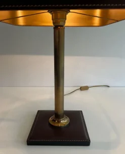 Pamono Brown Leather and Brass Desk Lamp in the style of Jacques Adnet