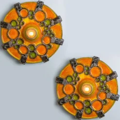 New Pamono Brown Orange and Green Ceramic Wall Lights, 1970, Set of 2