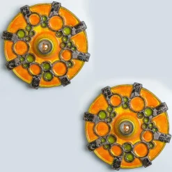 New Pamono Brown Orange and Green Ceramic Wall Lights, 1970, Set of 2