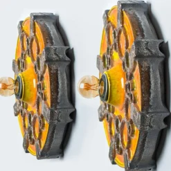 New Pamono Brown Orange and Green Ceramic Wall Lights, 1970, Set of 2