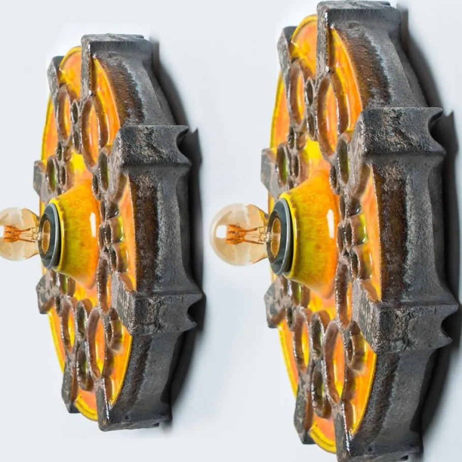 New Pamono Brown Orange and Green Ceramic Wall Lights, 1970, Set of 2