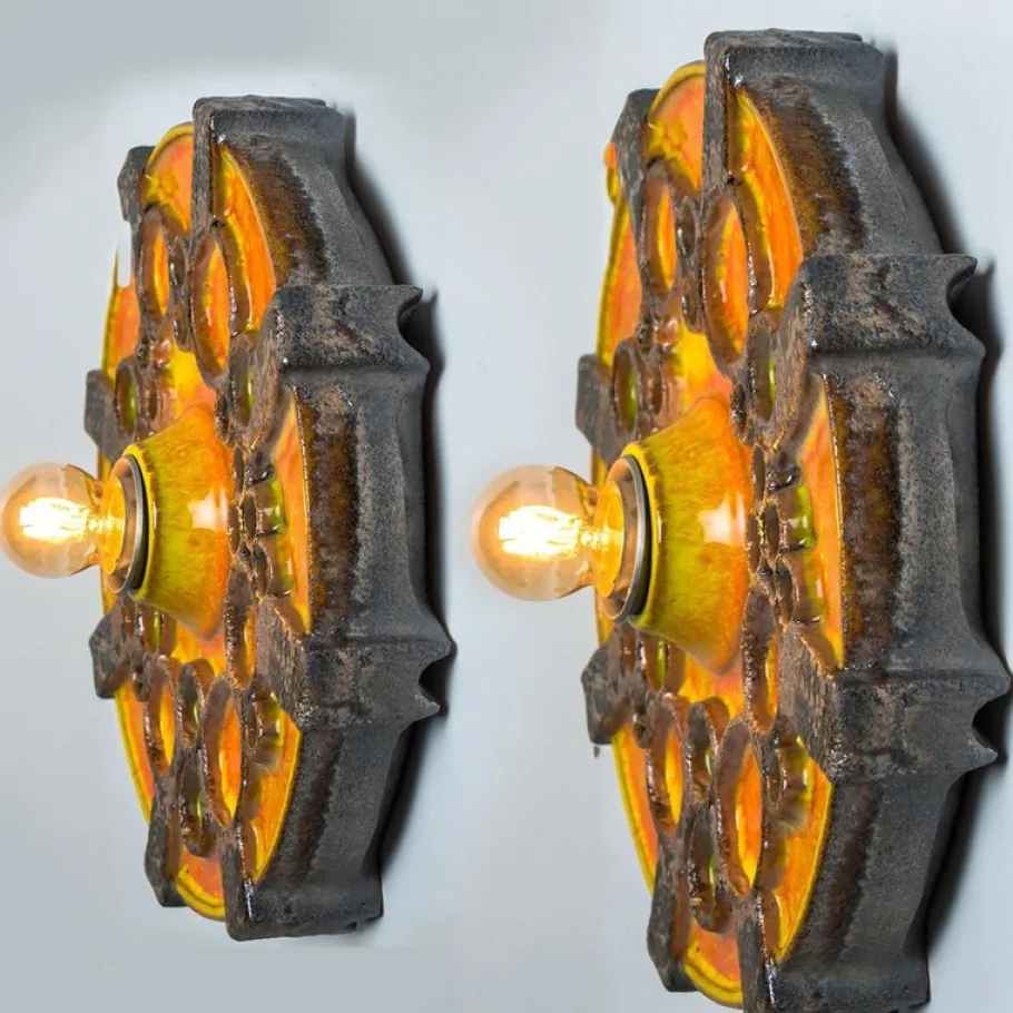 New Pamono Brown Orange and Green Ceramic Wall Lights, 1970, Set of 2