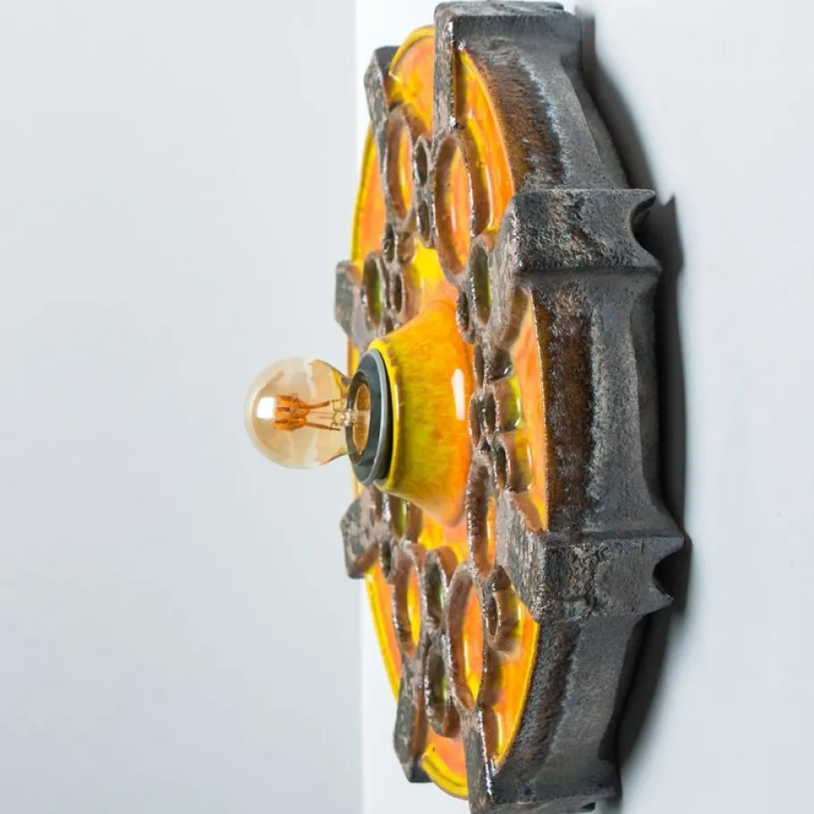 New Pamono Brown Orange and Green Ceramic Wall Lights, 1970, Set of 2