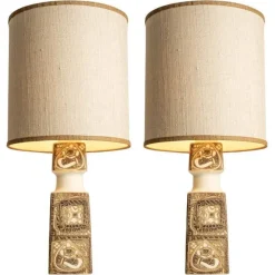 Online Pamono Brown-Beige Ceramic Floor or Table Lamps with Lampshades attributed to R. Houben, 1960s, Set of 2