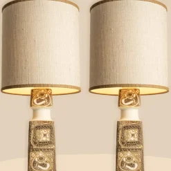 Online Pamono Brown-Beige Ceramic Floor or Table Lamps with Lampshades attributed to R. Houben, 1960s, Set of 2
