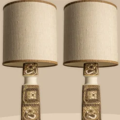 Online Pamono Brown-Beige Ceramic Floor or Table Lamps with Lampshades attributed to R. Houben, 1960s, Set of 2