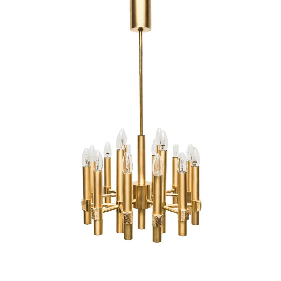 Clearance Pamono Brutalist Chandelier in Brass with 16 Arms by Angelo Brotto for Esperia, Italy, 1960s