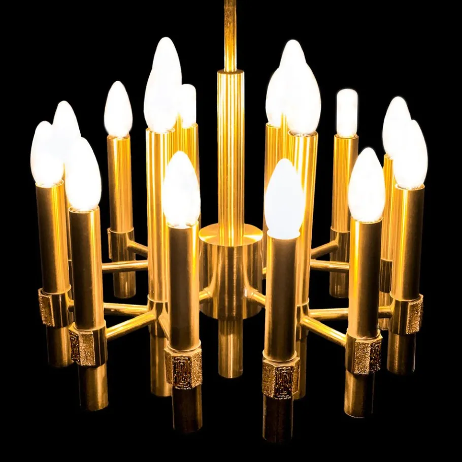 Clearance Pamono Brutalist Chandelier in Brass with 16 Arms by Angelo Brotto for Esperia, Italy, 1960s