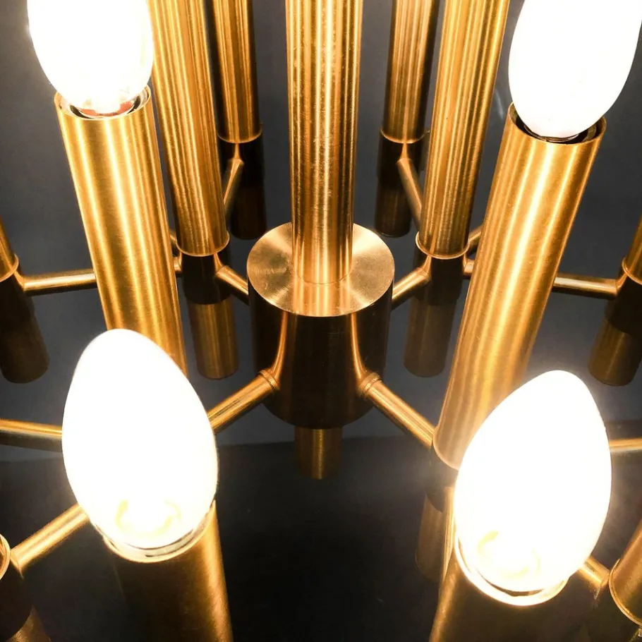 Clearance Pamono Brutalist Chandelier in Brass with 16 Arms by Angelo Brotto for Esperia, Italy, 1960s