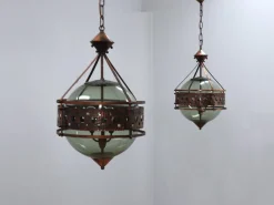 Online Pamono Brutalist Copper and Blown Glass Green Bottle Pendant Lamps, 1970s, Set of 2
